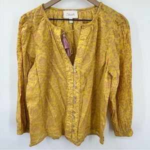 Cleobella Scarlett Tassel Tie Blouse Peasant Women Large Yellow Pink Long Sleeve